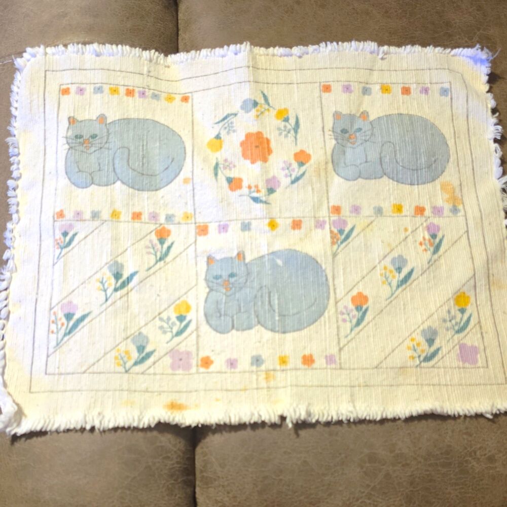 Cotton Fringed Table Runner Place Mat, Cats Pattern, Beige & Blue Rectangular